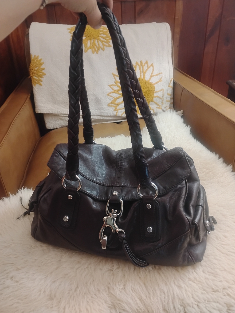 Classic Black Leather Shoulder Bag with Braided Handles